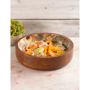 Cuenco de madera de mango redondo con estampado Meena, hecho a mano, tamaño mediano, diseño moderno, ideal para servir y utensilios de cocina - Product Image 2