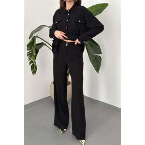Black Button Detailed Shirt And Ribbed <b>Trousers</b> - Black - Product Image 4