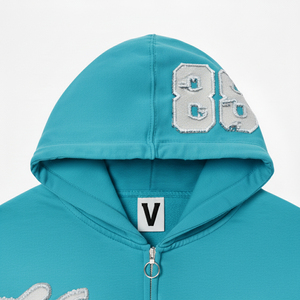 Vente chaude personnalisé français éponge épais coupe ample fermeture éclair à capuche brodé haute Streetwear manches strass 100% coton - Product Image 4