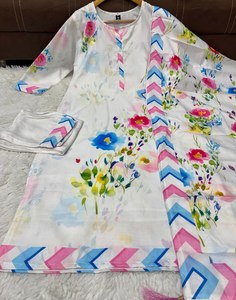 Lino Algodón Impreso Estilo vintage Hasta la rodilla Kurta Set Salwar Trabajo bordado dibujado a mano - Product Image 2