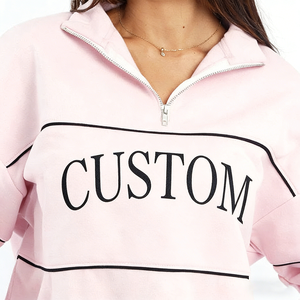 Custom High Quality Pink Organic Cotton Fleece <b>Quarter</b> <b>Zip</b> <b>Sweatshirt</b> Embroidered Logo Drop Shoulder Winter Lined Casual - Product Image 3