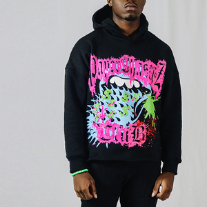 Sudadera con Capucha Negra Estampada Fortune Favors The Brave para Hombre, Estilo Hip Hop, Oversize, de Algodón French Terry con Diseño de Logotipo en la Espalda - Product Image 2