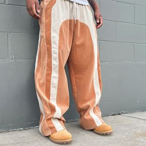Pantalons en velours côtelé pour hommes, style streetwear urbain, patchwork arqué, pantalon large à jambes larges, rayures contrastées, bas décontractés amples - Product Image 6