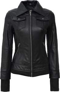 Veste en cuir d'agneau à capuche personnalisée pour femmes, vêtements d'extérieur élégants et confortables avec capuche amovible, motif solide tissé - Product Image 2