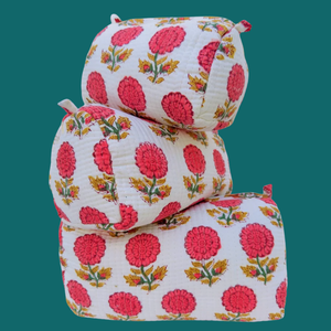 Eco-Friendly Quilted Cotton Zipper Portable for Bag <b>Set</b> 3 Floral Block Print <b>Travel</b> Makeup Pouches Handmade Cosmetic - Product Image 1