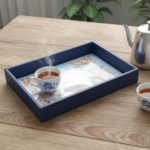Plateau de service rectangulaire en MDF imprimé facile à nettoyer, qualité supérieure avec bordure bleuâtre, plateau décoratif en bois - Product Image 5