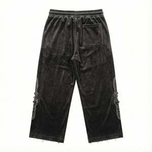 กางเกงขายาวทรงบานผ้ากำมะหยี่ปักลายหรูหราสำหรับผู้ชาย แต่งจีบด้านหน้า ดีไซน์ขาดๆ ประดับคริสตัลฮอตฟิกซ์ สไตล์สตรีทแวร์ รักษ์โลก วินเทจ - Product Image 2