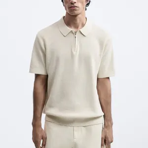 LeBo批发定制标志男士纯色设计棉短袖四分之一拉链针织马球毛衣