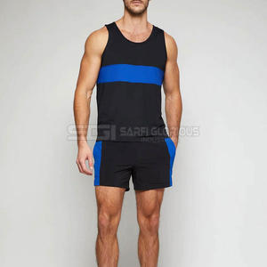 Black Gym <b>Singlet</b> with Blue Panel <b>Men</b> Cotton Spandex Workout Tank Top Sleeveless High Stretch Fitness Vest - Product Image 5