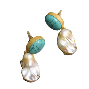 Pendientes de Latón al por Mayor, Pendientes de Perlas y Piedras Orgánicas, Textura Mate de Latón, Pieza de Moda, Venta al por Mayor - Product Image 2