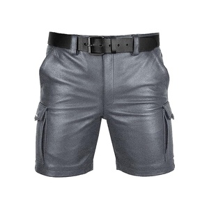 Streetwear Custom Men's <b>3</b>/<b>4</b> <b>Short</b> Faux Leather Drawstring Waist Breathable Vintage Casual Knitted Wide Leg Solid Leather <b>Shorts</b> - Product Image 1