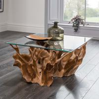 Table basse moderne écologique à hauteur réglable en teck massif avec plateau en verre, couleur personnalisable pour usage intérieur et extérieur