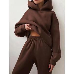 Conjunto de 2 piezas de Otoño Invierno para mujer, ropa de calle, sudaderas con capucha por encima de la rodilla, Tops cortos, pantalones para correr, hombros caídos - Product Image 6