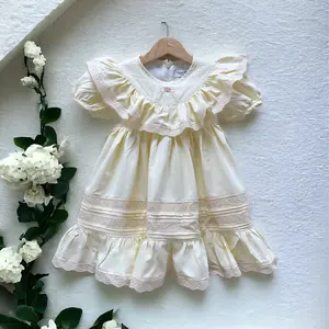 2024 Design Embroidery Flower Lace Billowy Yellow Violet Infant Baby Girls Short Dresses Princess Clothing Casual Outfit-Haru