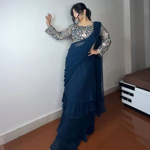 Lahenga Saree งานปาร์ตี้3ชั้นแต่งระบายพร้อมด้ายเย็บปักหลายเส้น - Product Image 5