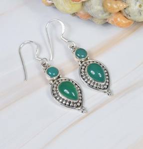 Designer Solid 925 Sterling Silver Ethnic <b>Earrings</b> Genuine Green <b>Onyx</b> Gemstone Faceted Mixed Shape Classic for Wedding Gift - Product Image 4