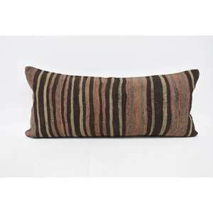 Alfombra de lana Kilim marrón Almohada de diseño tejido de 16x36 pulgadas con patrón vintage - Product Image 1