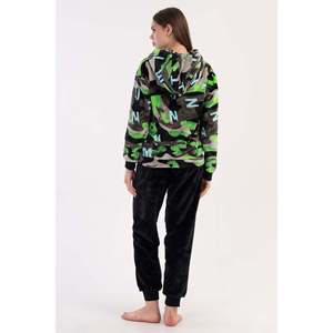 Conjunto de pijama de manga larga con capucha suave, hombros descubiertos, media cremallera, bolsillos canguro y puños - NEGRO - NEGRO - Product Image 6