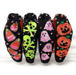 Serre-têtes noués de qualité supérieure pour Halloween, accessoires capillaires de boutique ornés de perles et de paillettes, serre-têtes rembourrés fantôme, citrouille, crâne et strass - Product Image 3