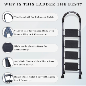 PARASNATH Industrial 4 <b>Step</b> Steel <b>Ladder</b> Stools Grey <b>Foldable</b> Lightweight Anti-Skid Apartment Use 150kg Load Capacity - Product Image 6