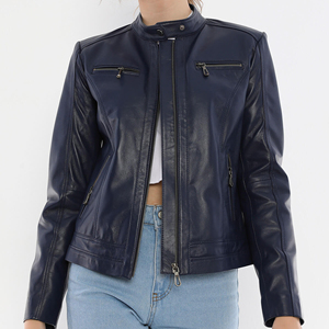 Chaqueta de Cuero para Mujer, Estilo Aviador Vintage de Lujo, Color Azul Marino, con Relleno de Algodón Genuino, Cuello con Botones, Diseño OEM - Product Image 3