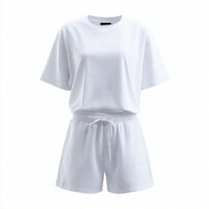 Vêtements de jogging épaule tombante t-shirt short ensemble femmes été Streetwear Shorts deux pièces dames blanc t-shirt haut femmes - Product Image 2