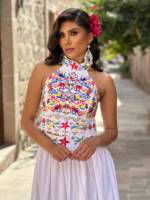 Personnalisé décontracté île robe en gros classique mexicain Art Floral coloré robe pour les femmes à volants hors épaule robe 2 pièces ensemble