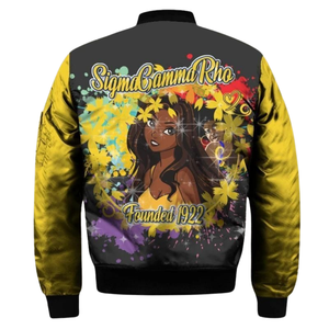 Giacca Varsity Bomber SGRho Sigma Gamma Rho 1922 in Raso Blu Reale e Oro con Ricamo Greco per Donne - Product Image 2