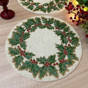 <b>Set</b> of 6Christmas <b>beaded</b> handmade placematwhitegreen and golden - Product Image 3