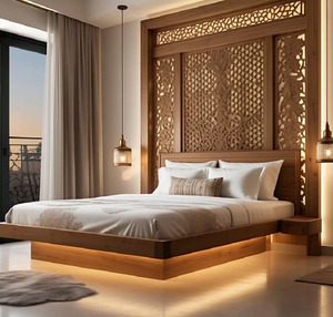 Elegant <b>wood</b> <b>bed</b> with intricate Jali carvings and blue bedding. Premium quality available at wholesale prices. - Product Image 2