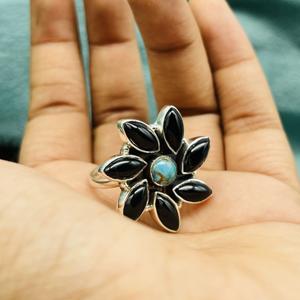 Anillo fino de boda elegante de diseñador hecho a mano de Plata de Ley 925, Ideas de regalo de corte de pera turquesa de ónix negro - Product Image 6