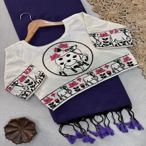 ヴァストラ・コテージ プレミアム・カディ・コットン・サリー、重厚な手刺繍ブラウス付き、エレガントな伝統的なインド民族衣装（女性用） - Product Image 3