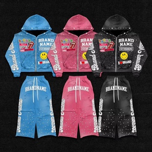 Custom Distressed <b>Embroidery</b> Zip up Rhinestone Graphic Hoodie Sweatpants Acid Wash Mens Hoodies Sweatshirt <b>Sets</b> Tracksuit - Product Image 1