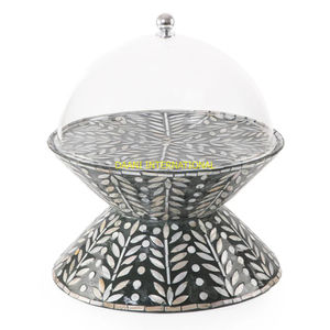 Handcrafted Ivory Decorative <b>Cake</b> <b>Stand</b> with Floral Inlay and Glass <b>Dome</b> Cover for Serving <b>Cakes</b> Pastries Desserts and Party Use - Product Image 4