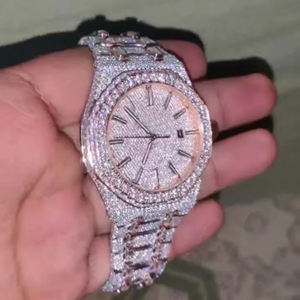 High Quality Luxury Stainless Steel Glass Watch Bling Bust Down <b>White</b> <b>Gold</b> Moissanite VVS Cuban Iced Hip Hop Personalized Custom - Product Image 1