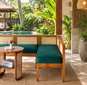 Wood Rattan Garden Sofa Set Corner <b>Bench</b> <b>Cushioned</b> <b>Outdoor</b> Lounge Seating Tropical Style Patio Furniture - Product Image 4