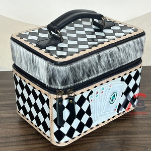 Western Style Hand Tooled Cowhide Leather Jewelry Organizer with Velvet Interior & Checkered Playing Card Pattern Jewelry Box - Product Image 1