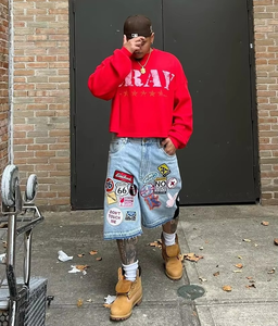 กางเกงยีนส์ทรงขากระชับการ์ตูนฮิปฮอปการ์ตูนสำหรับสตรีทแวร์ผ้าเดนิมกางเกงขาสั้นใส่เล่นฟิตเนสลำลองดีไซน์เย็บปะติด - Product Image 6