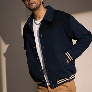 Chaqueta de Béisbol de Invierno Color Azul Marino Sólido, Nueva Llegada 2026, 100% Algodón, Cuello Camisero, Corte Holgado, con Botones, Estilo Varsity - Product Image 5