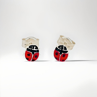 Pendientes Clásicos de Plata de Ley con Diseño de Mariquita para Niños, con Baño de Rodio y Esmalte, Hechos en España, Listos para Enviar