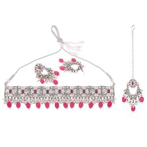 Fabricante indio de joyería chapada en plata de cristal tradicional Kundan nupcial boda gargantilla collar pendiente y Maang Tikka conjunto - Product Image 5