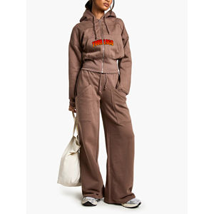 Chándal sólido informal con cremallera de alta calidad para mujer, parche bordado personalizado, pantalones de chándal con capucha, conjunto de 2 piezas transpirable de algodón 100% - Product Image 1