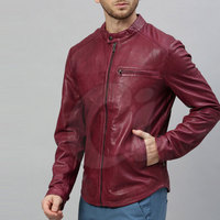 Veste d'hiver en cuir de vache à manches longues pour homme avec col montant respirant et imperméable couleur bordeaux