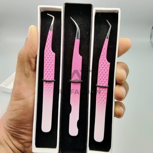 Pinzas para Extensión de Pestañas de Dos Tonos, Punta de Fibra en Ángulo de 45 y 90 Grados, Acero Inoxidable, Color Rosa y Blanco, con Cajas de Cartón - Product Image 1