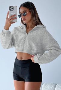Sudadera Corta con Capucha para Mujer, Color Gris Sólido, Manga Larga, Tejido de Mezcla de Algodón, Diseño con Cierre para Otoño - Product Image 4