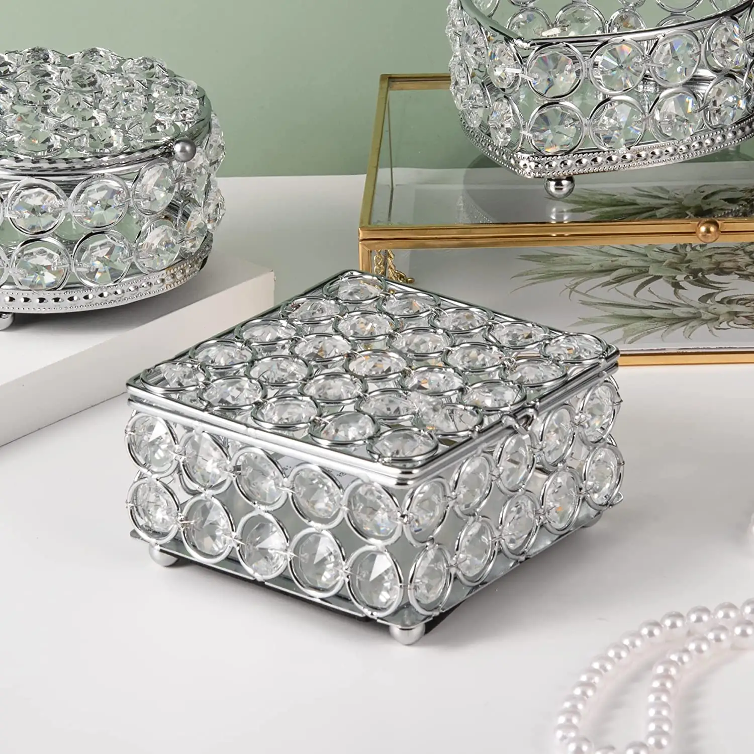 Caixa de joias decorativa para mulheres, caixa de armazenamento frisado de cristal