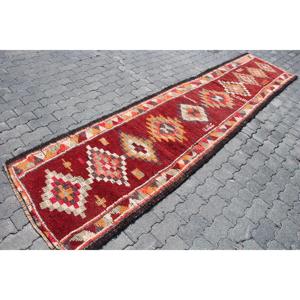 Turkish <b>Runner</b> Rug 2.7x11.5 ft, <b>Red</b> Floral Vintage Wool Rug - Product Image 3