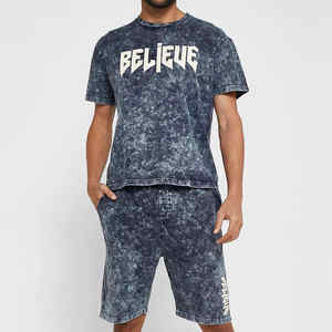 Custom Logo Summer Tracksuit Set 300 GSM Washed 100% Cotton T-Shirt <b>Shorts</b> with Silk Screen Printing - Product Image 2