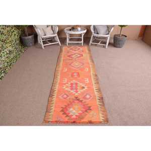 Vintage Kilim <b>Runner</b> <b>Rug</b> 2.8x8.7 ft (84x265 cm), Turkish Orange Animal Print Wool <b>Rug</b> - Product Image 1