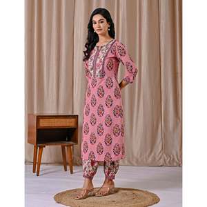ชุดคุर्ตาอัฟกานีสีชมพูพิมพ์ลายบล็อกทรงตรงสไตล์ลำลองสำหรับฤดูใบไม้ผลิ/ฤดูร้อน เสื้อแขนสามส่วน - Product Image 6